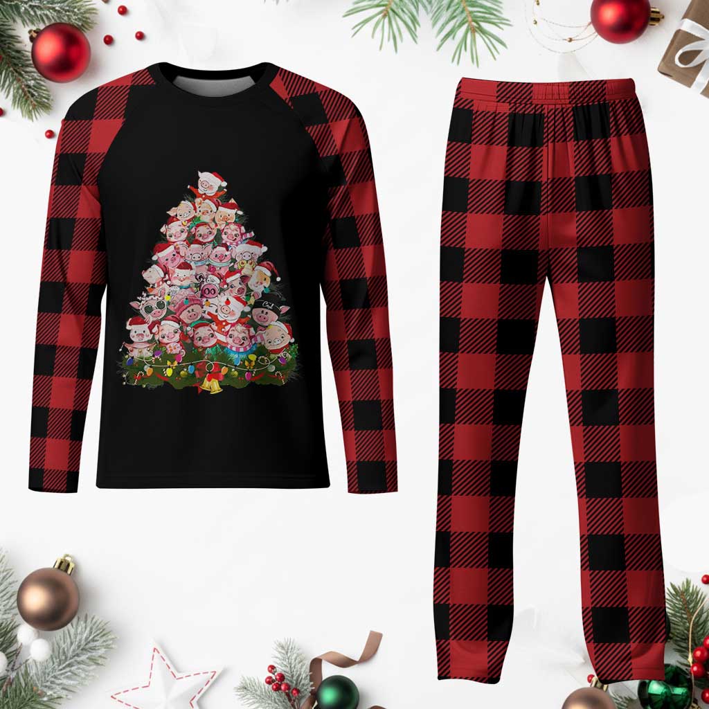 Cute Pink Pigs Christmas Tree Plaid Pajama Set Funny Farmer Xmas Lights Festive Vibe TS02 Buffalo Plaid Print Your Wear