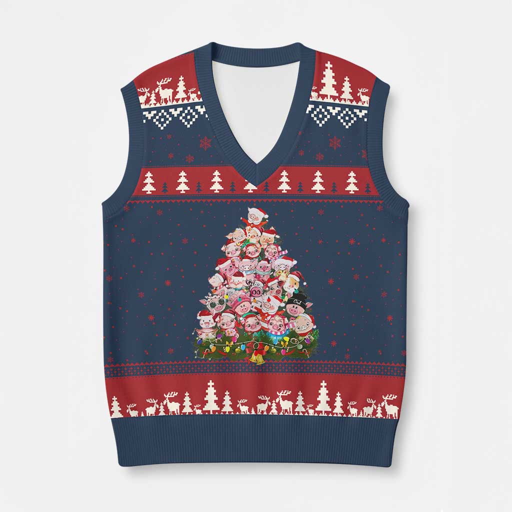 Cute Pink Pigs Xmas Tree V-Neck Knit Sweater Vest Funny Farmer Xmas Lights Festive Vibe TS02 Navy Red Print Your Wear