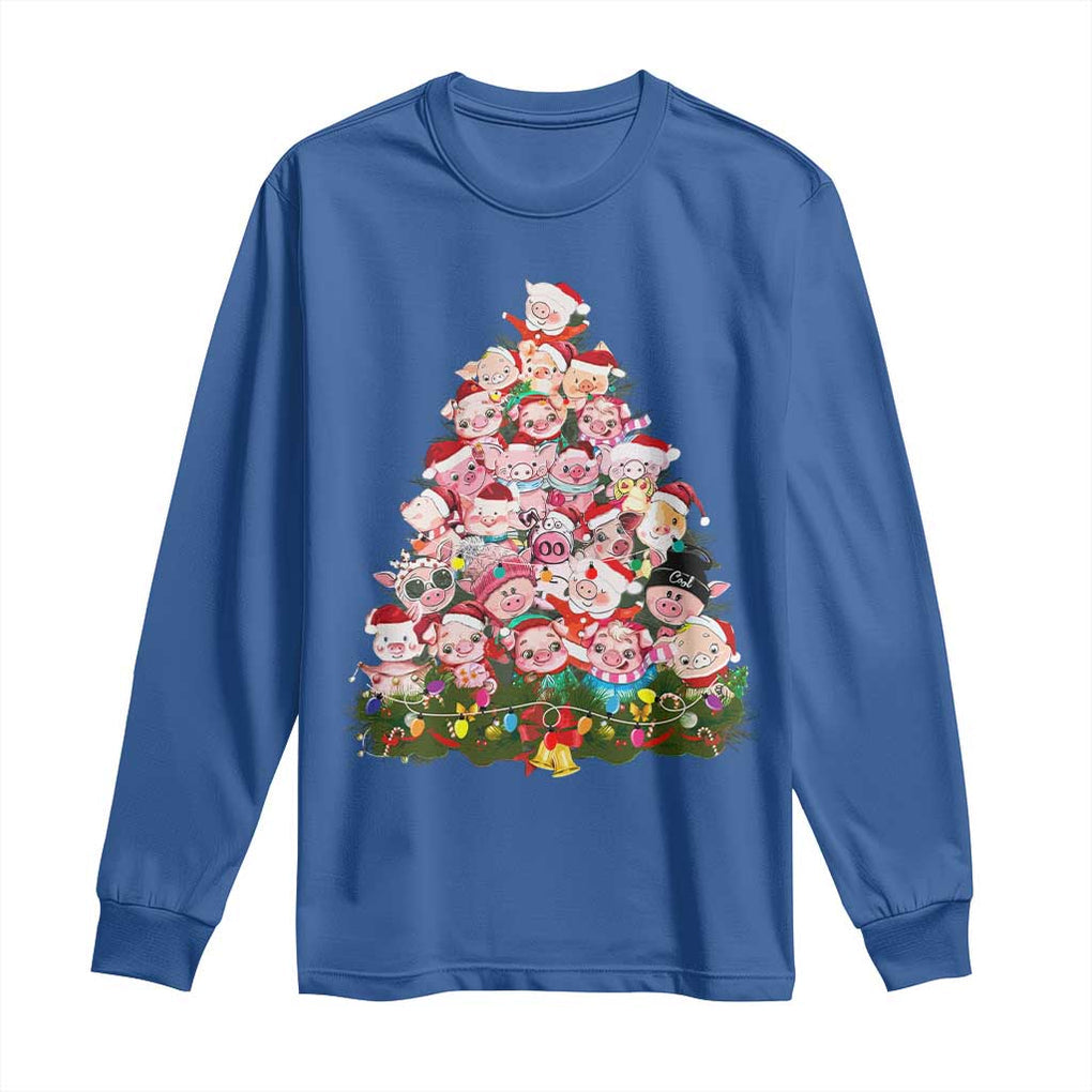 Cute Pink Pigs Christmas Tree Long Sleeve Shirt Funny Farmer Xmas Lights Festive Vibe TS02 Royal Blue Print Your Wear