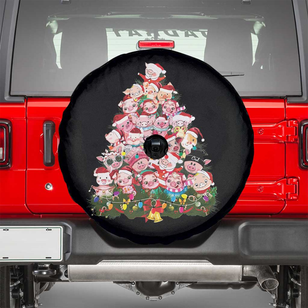 Cute Pink Pigs Christmas Tree Spare Tire Cover Funny Farmer Xmas Lights Festive Vibe TS02 Black Print Your Wear