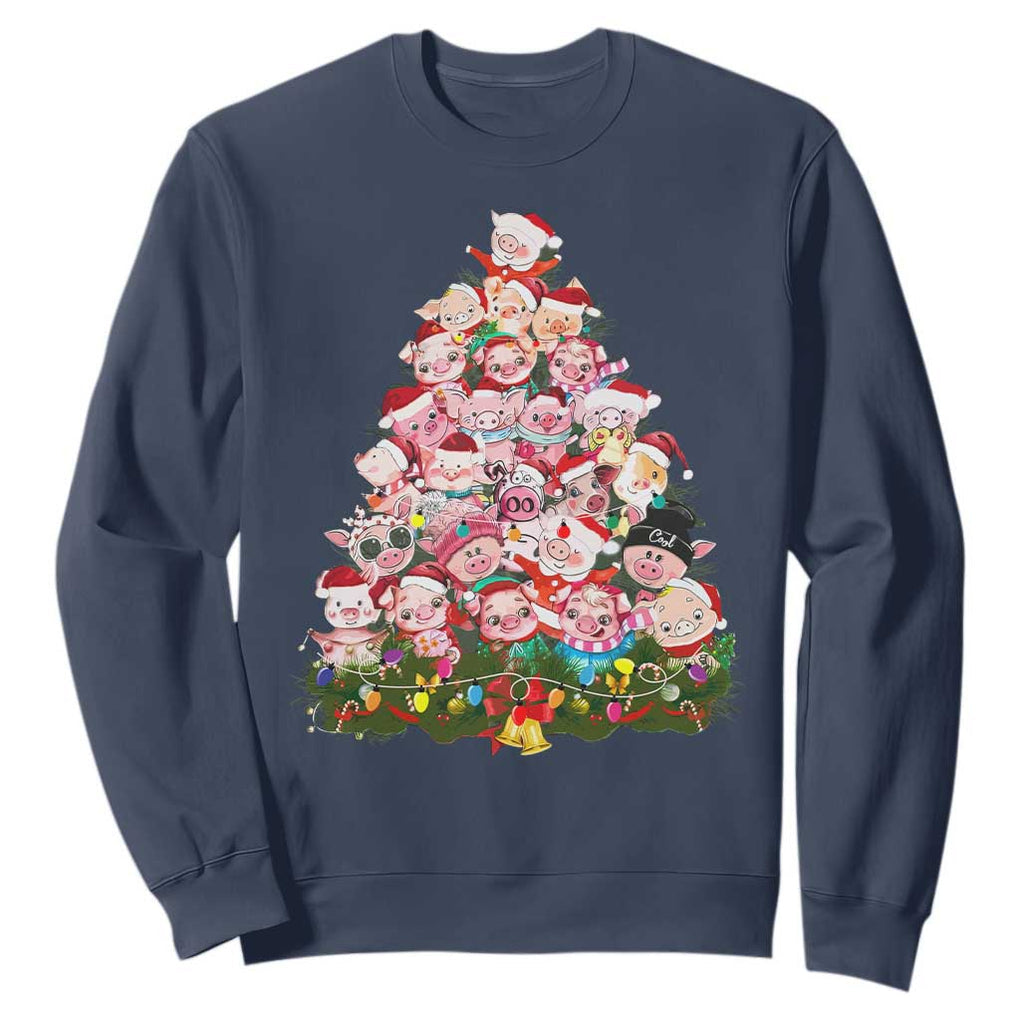 Cute Pink Pigs Christmas Tree Sweatshirt Funny Farmer Xmas Lights Festive Vibe TS02 Navy Print Your Wear