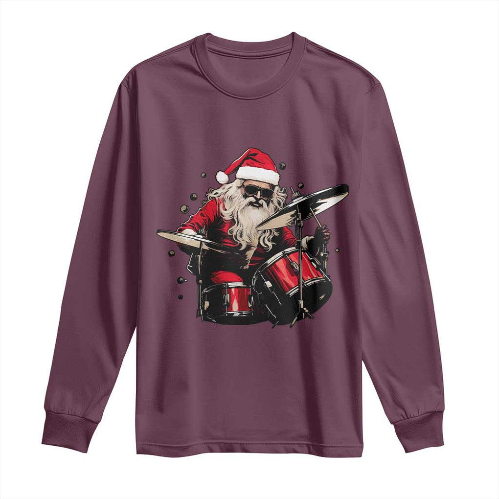 Funny Rock'n Roll Santa Claus Long Sleeve Shirt Cool Drummer Festive Christmas TS02 Maroon Print Your Wear