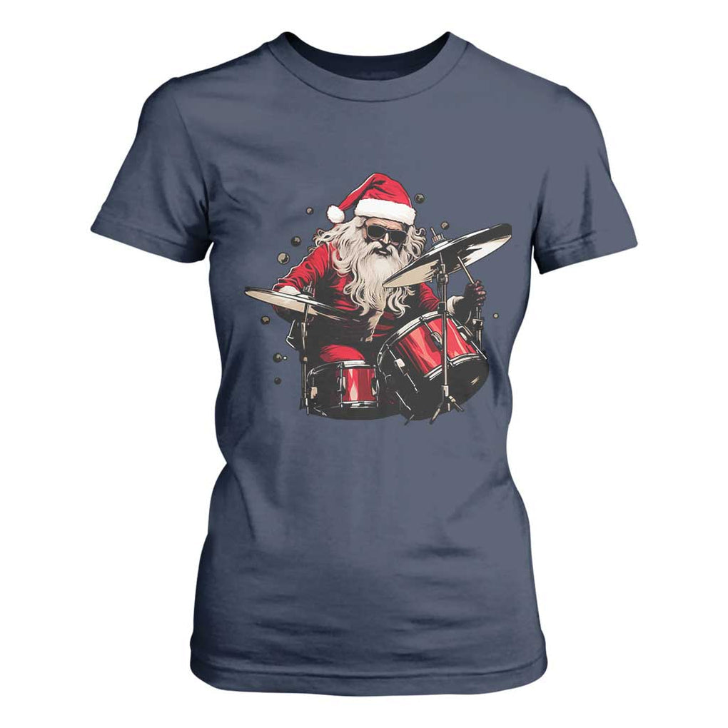 Funny Rock'n Roll Santa Claus T Shirt For Women Cool Drummer Festive Christmas TS02 Navy Print Your Wear