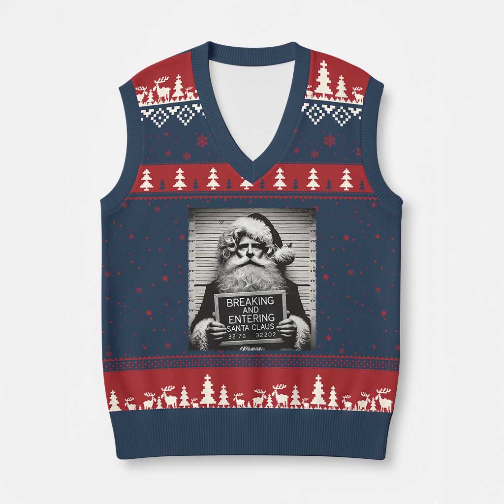 Funny Santa Mugshot V-Neck Knit Sweater Vest Naughty Xmas Festive Vibe TS02 Navy Red Print Your Wear