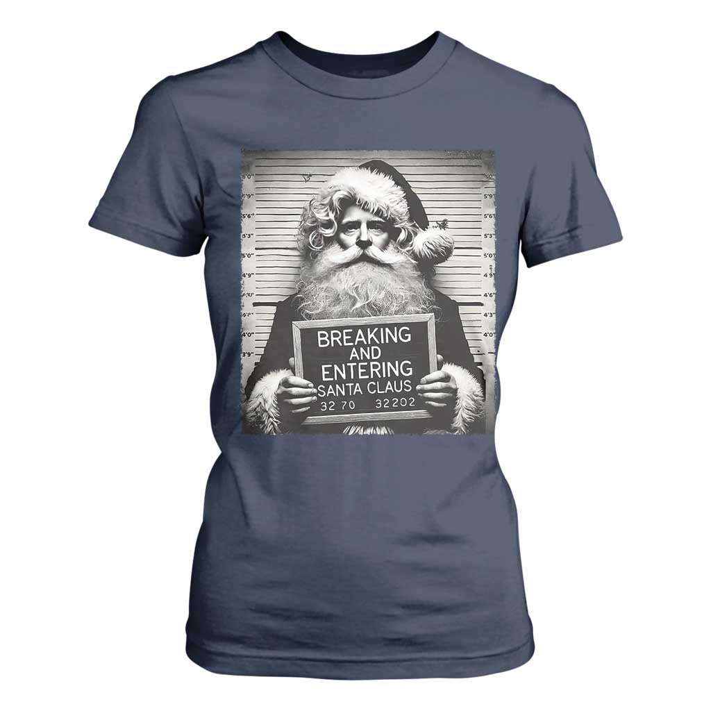 Funny Santa Mugshot T Shirt For Women Naughty Christmas Festive Vibe TS02 Navy Print Your Wear