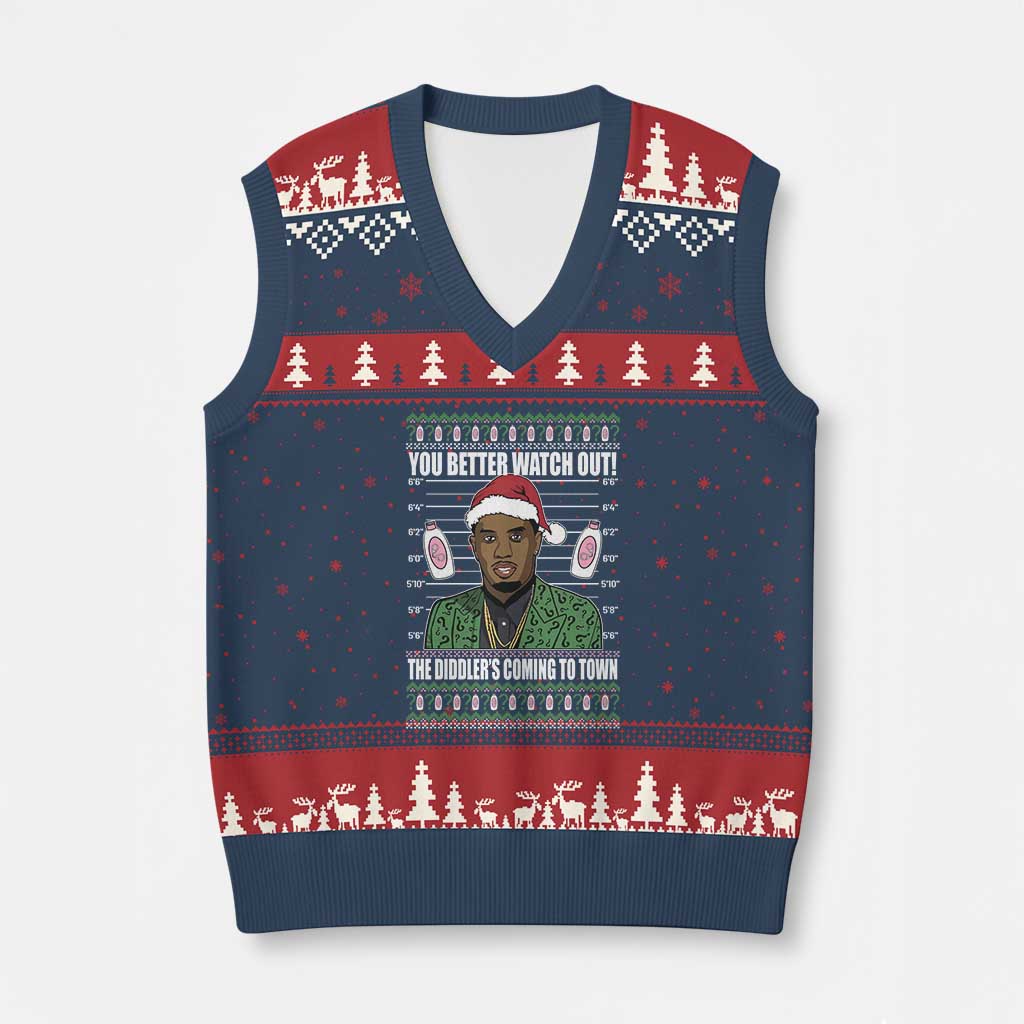 Funny Xmas Sarcastic Diddy V-Neck Knit Sweater Vest You Better Watch Out The Diddler Coming To Town TS02 Navy Red Print Your Wear