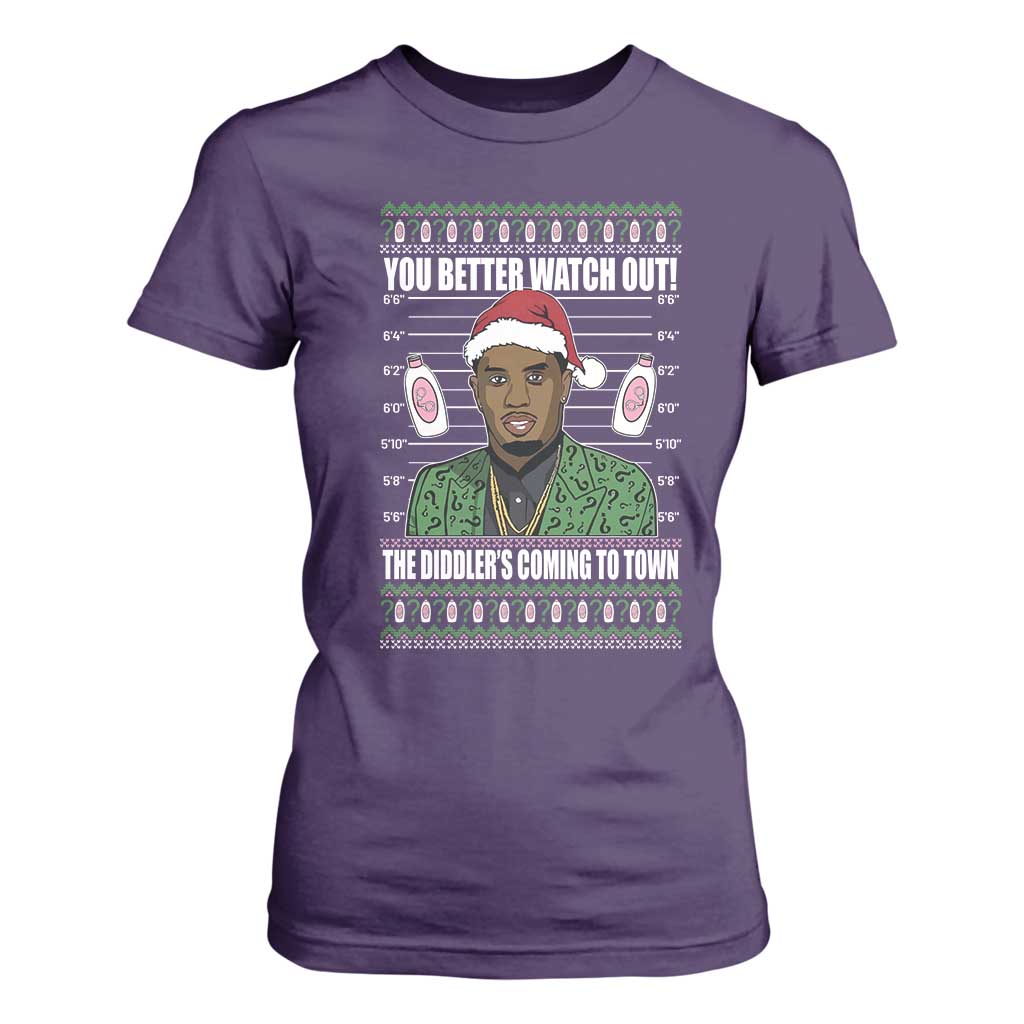 Funny Christmas Sarcastic Diddy T Shirt For Women You Better Watch Out The Diddler Coming To Town TS02 Purple Print Your Wear