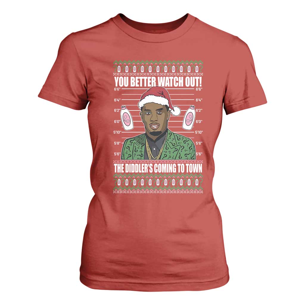 Funny Christmas Sarcastic Diddy T Shirt For Women You Better Watch Out The Diddler Coming To Town TS02 Red Print Your Wear