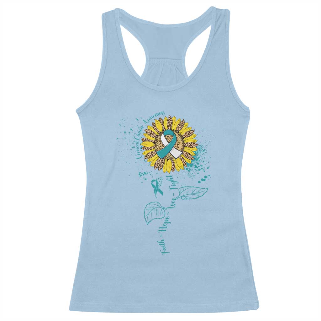 Cervical Cancer Awareness Racerback Tank Top Faith Hope Love Fight Teal And White Ribbon Sunflower TS02 Light Blue Print Your Wear