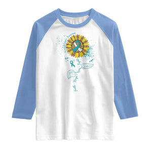 Cervical Cancer Awareness Raglan Shirt Faith Hope Love Fight Teal And White Ribbon Sunflower TS02 White Carolina Blue Print Your Wear