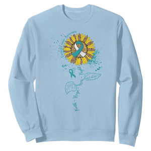 Cervical Cancer Awareness Sweatshirt Faith Hope Love Fight Teal And White Ribbon Sunflower TS02 Light Blue Print Your Wear