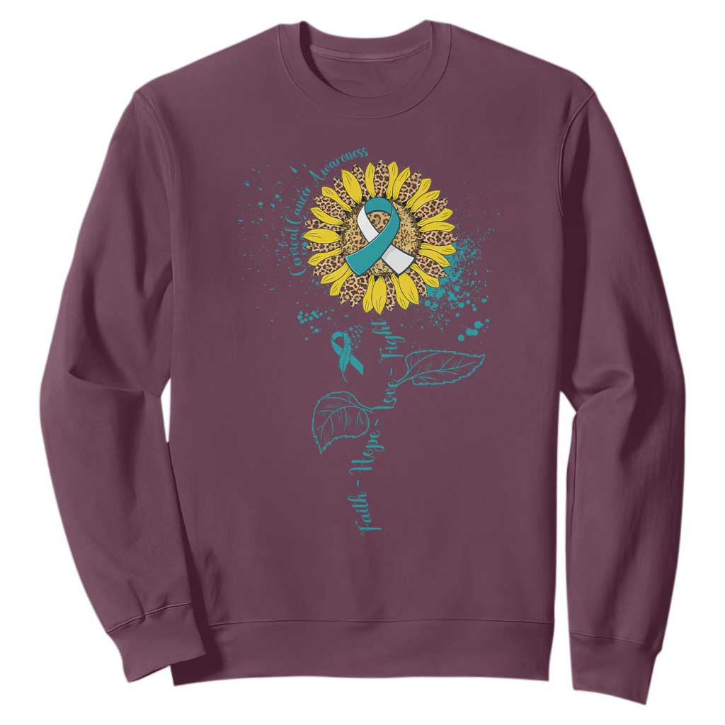 Cervical Cancer Awareness Sweatshirt Faith Hope Love Fight Teal And White Ribbon Sunflower TS02 Maroon Print Your Wear