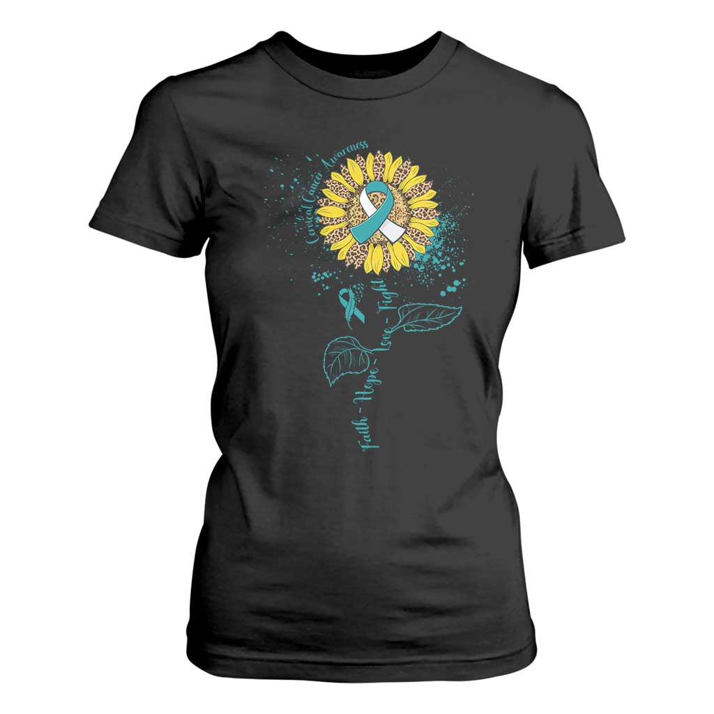 Cervical Cancer Awareness T Shirt For Women Faith Hope Love Fight Teal And White Ribbon Sunflower TS02 Black Print Your Wear