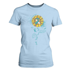 Cervical Cancer Awareness T Shirt For Women Faith Hope Love Fight Teal And White Ribbon Sunflower TS02 Light Blue Print Your Wear