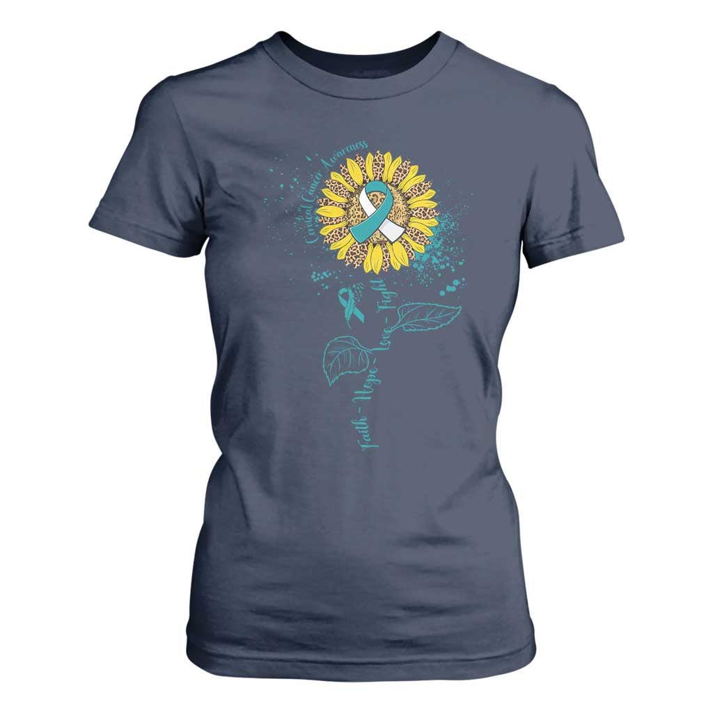 Cervical Cancer Awareness T Shirt For Women Faith Hope Love Fight Teal And White Ribbon Sunflower TS02 Navy Print Your Wear