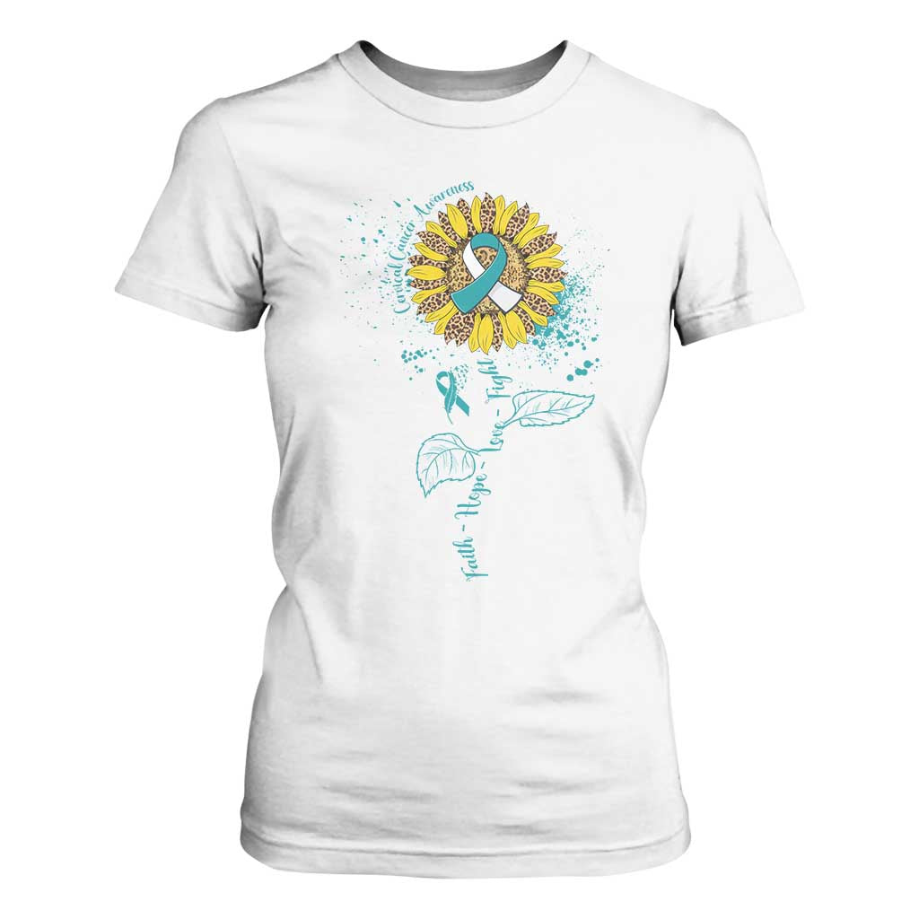 Cervical Cancer Awareness T Shirt For Women Faith Hope Love Fight Teal And White Ribbon Sunflower TS02 White Print Your Wear