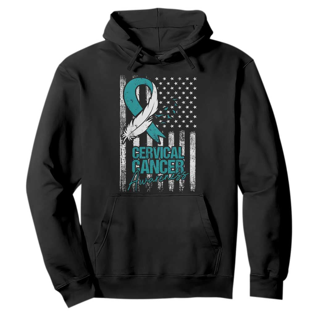 Cervical Cancer Awareness Hoodie Teal And White Ribbon American Flag Support TS02 Black Print Your Wear