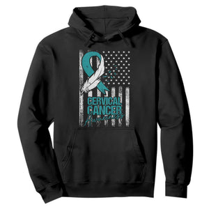Cervical Cancer Awareness Hoodie Teal And White Ribbon American Flag Support TS02 Black Print Your Wear