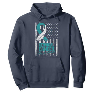 Cervical Cancer Awareness Hoodie Teal And White Ribbon American Flag Support TS02 Navy Print Your Wear