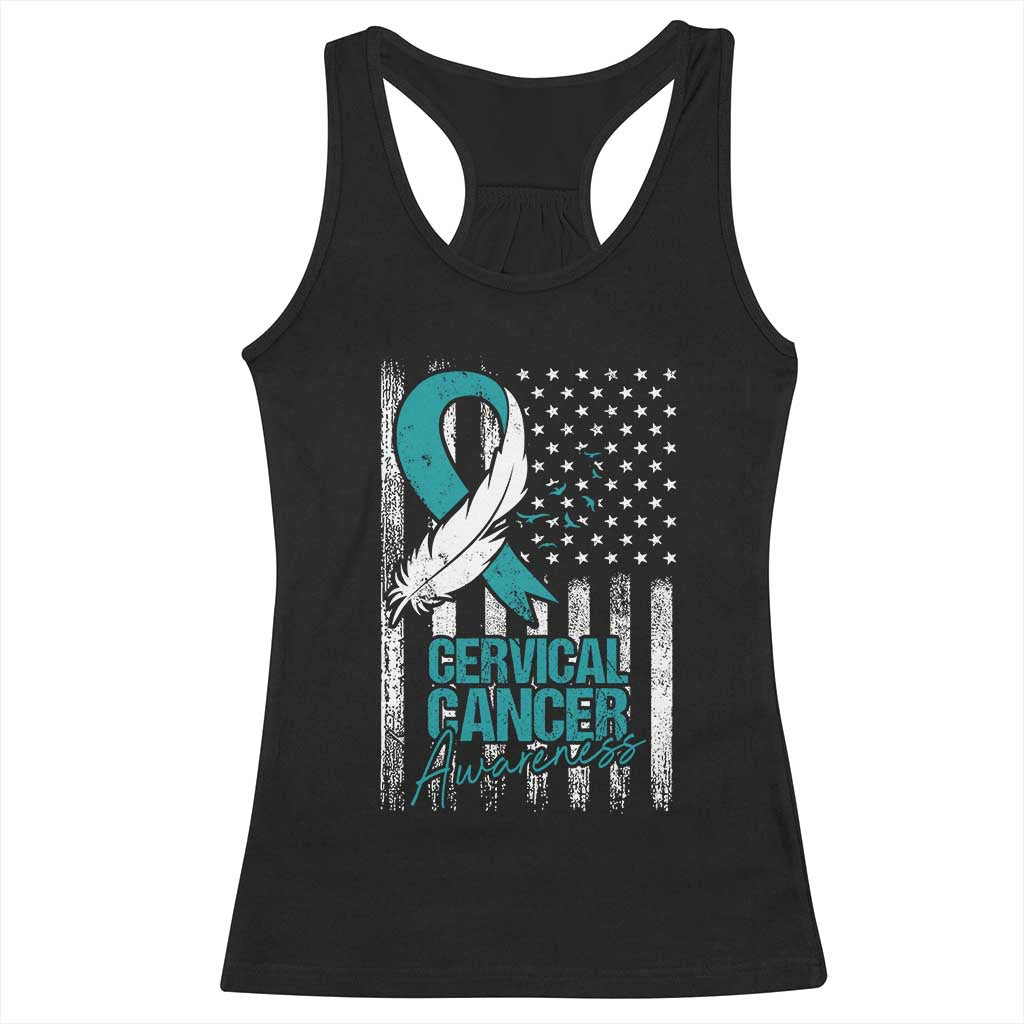 Cervical Cancer Awareness Racerback Tank Top Teal And White Ribbon American Flag Support TS02 Black Print Your Wear