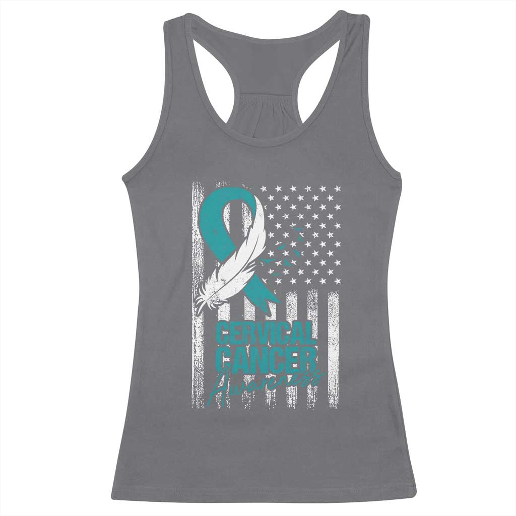 Cervical Cancer Awareness Racerback Tank Top Teal And White Ribbon American Flag Support TS02 Charcoal Print Your Wear