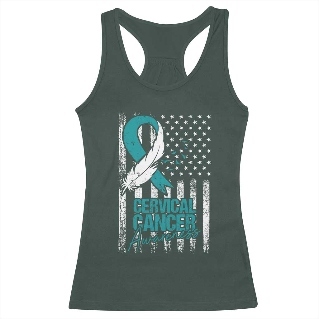 Cervical Cancer Awareness Racerback Tank Top Teal And White Ribbon American Flag Support TS02 Dark Forest Green Print Your Wear