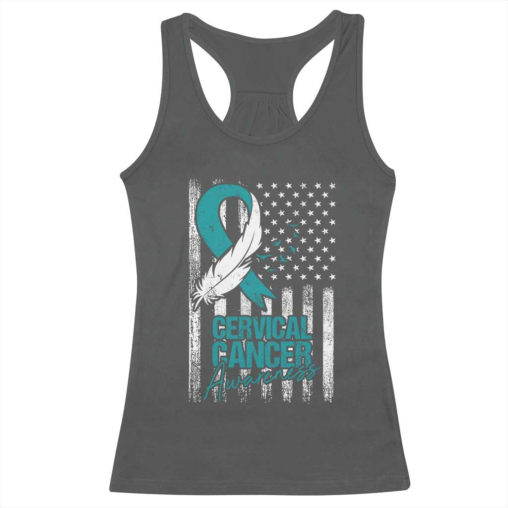 Cervical Cancer Awareness Racerback Tank Top Teal And White Ribbon American Flag Support TS02 Dark Heather Print Your Wear
