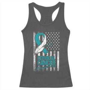 Cervical Cancer Awareness Racerback Tank Top Teal And White Ribbon American Flag Support TS02 Dark Heather Print Your Wear