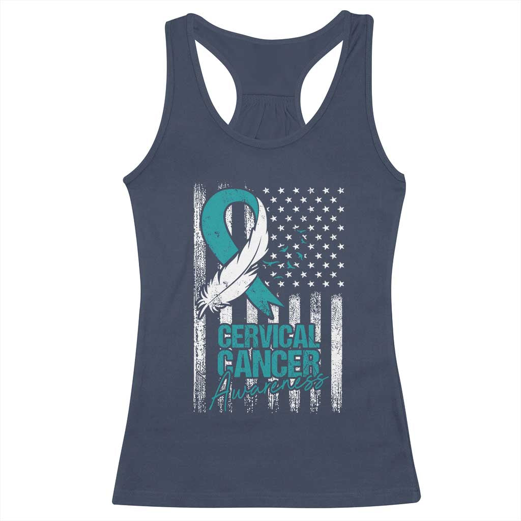 Cervical Cancer Awareness Racerback Tank Top Teal And White Ribbon American Flag Support TS02 Navy Print Your Wear