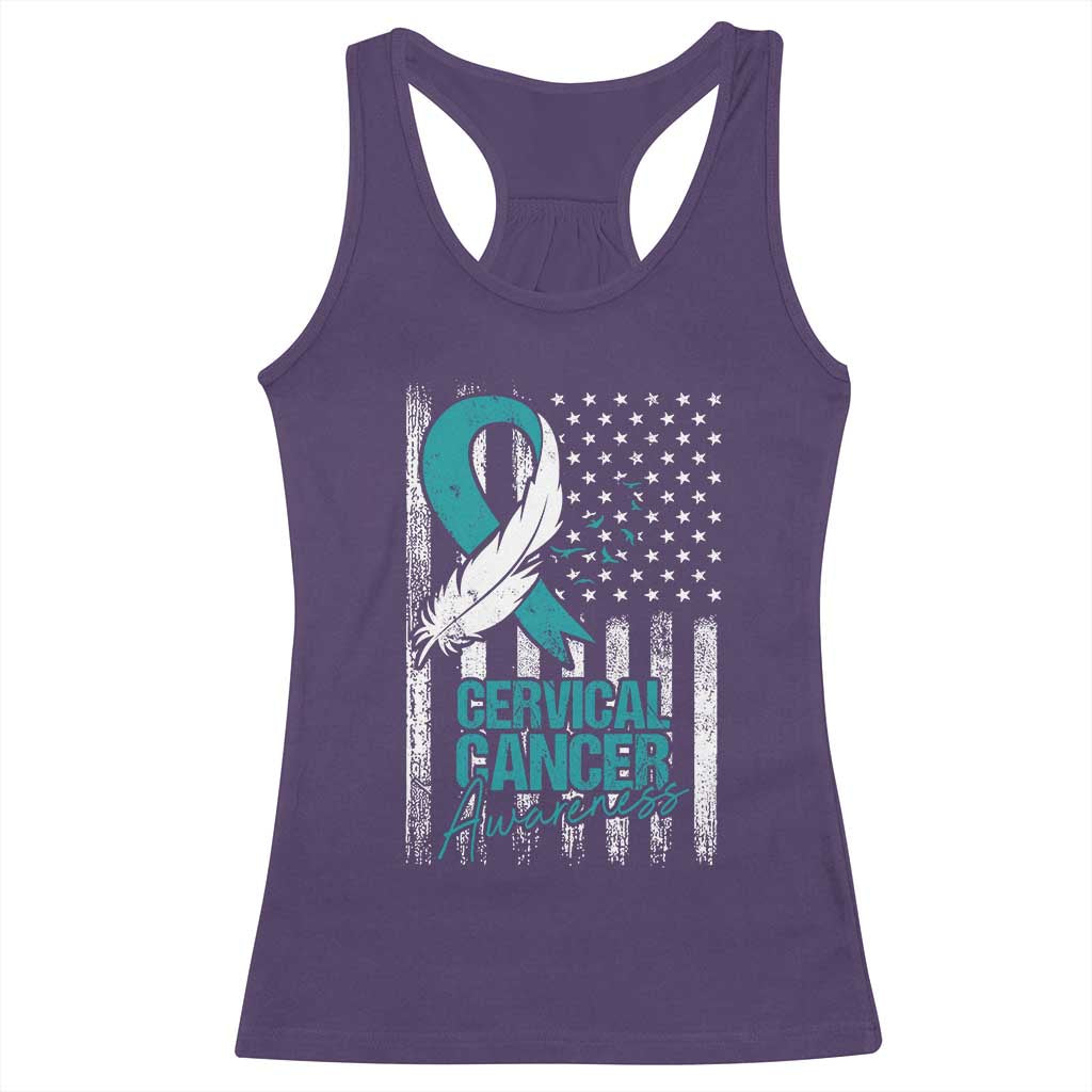 Cervical Cancer Awareness Racerback Tank Top Teal And White Ribbon American Flag Support TS02 Purple Print Your Wear