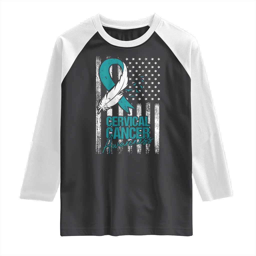 Cervical Cancer Awareness Raglan Shirt Teal And White Ribbon American Flag Support TS02 Black White Print Your Wear