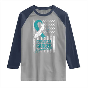Cervical Cancer Awareness Raglan Shirt Teal And White Ribbon American Flag Support TS02 Sport Gray Navy Print Your Wear