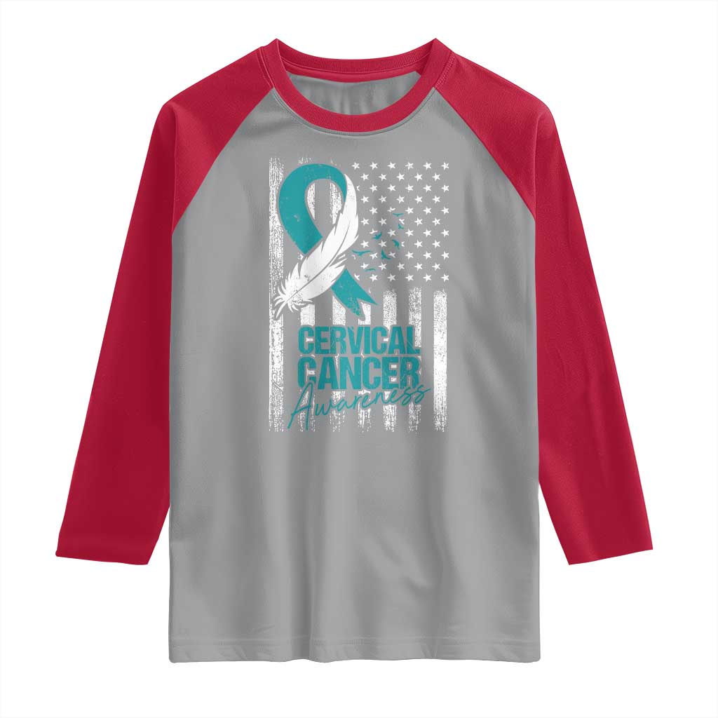 Cervical Cancer Awareness Raglan Shirt Teal And White Ribbon American Flag Support TS02 Sport Gray Red Print Your Wear