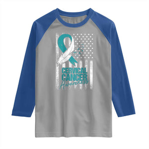 Cervical Cancer Awareness Raglan Shirt Teal And White Ribbon American Flag Support TS02 Sport Gray Royal Print Your Wear