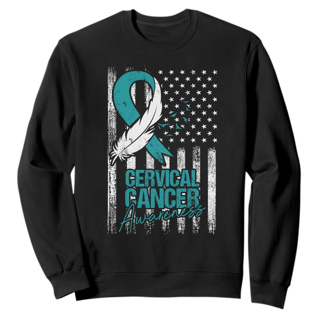 Cervical Cancer Awareness Sweatshirt Teal And White Ribbon American Flag Support TS02 Black Print Your Wear