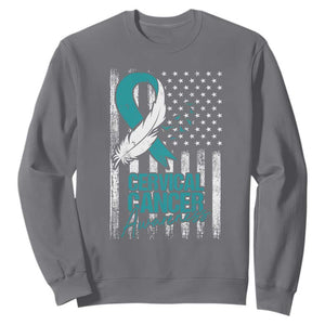 Cervical Cancer Awareness Sweatshirt Teal And White Ribbon American Flag Support TS02 Charcoal Print Your Wear