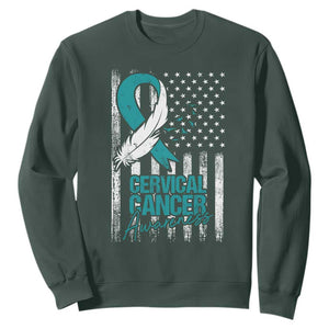 Cervical Cancer Awareness Sweatshirt Teal And White Ribbon American Flag Support TS02 Dark Forest Green Print Your Wear
