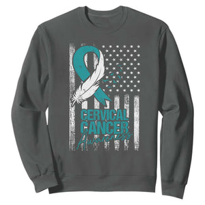 Cervical Cancer Awareness Sweatshirt Teal And White Ribbon American Flag Support TS02 Dark Heather Print Your Wear