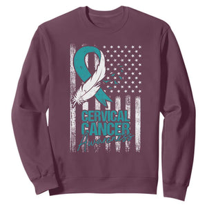 Cervical Cancer Awareness Sweatshirt Teal And White Ribbon American Flag Support TS02 Maroon Print Your Wear