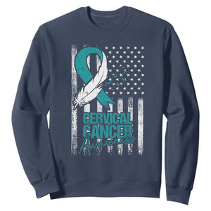 Cervical Cancer Awareness Sweatshirt Teal And White Ribbon American Flag Support TS02 Navy Print Your Wear