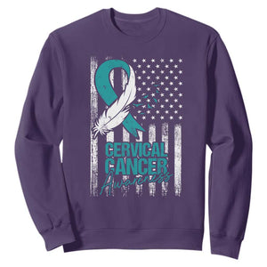 Cervical Cancer Awareness Sweatshirt Teal And White Ribbon American Flag Support TS02 Purple Print Your Wear