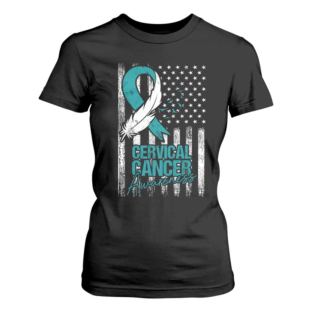Cervical Cancer Awareness T Shirt For Women Teal And White Ribbon American Flag Support TS02 Black Print Your Wear