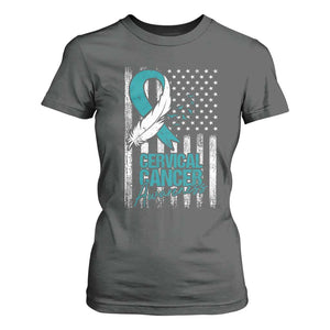 Cervical Cancer Awareness T Shirt For Women Teal And White Ribbon American Flag Support TS02 Dark Heather Print Your Wear