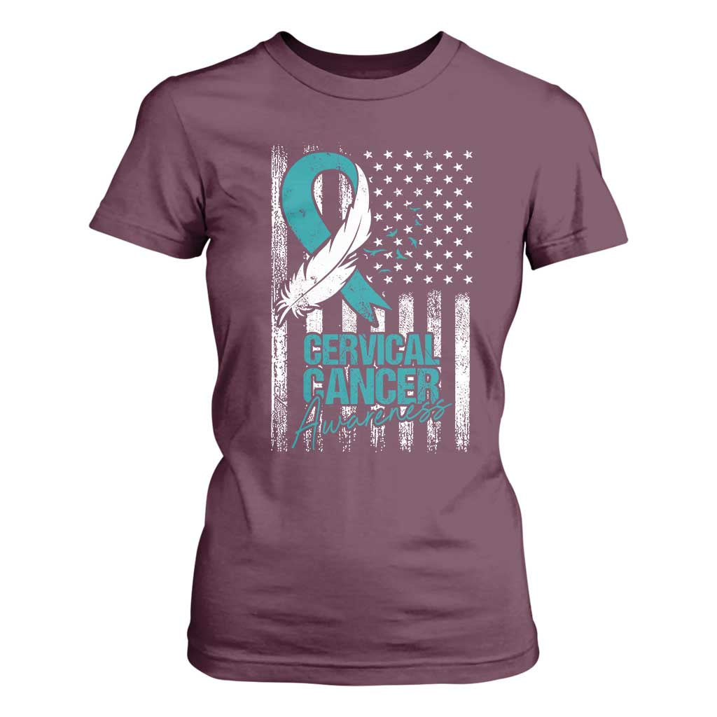 Cervical Cancer Awareness T Shirt For Women Teal And White Ribbon American Flag Support TS02 Maroon Print Your Wear