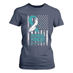 Cervical Cancer Awareness T Shirt For Women Teal And White Ribbon American Flag Support TS02 Navy Print Your Wear