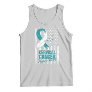 Cervical Cancer Awareness Tank Top Teal And White Ribbon American Flag Support TS02 Ash Print Your Wear