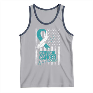 Cervical Cancer Awareness Tank Top Teal And White Ribbon American Flag Support TS02 Athletic Heather Navy Print Your Wear