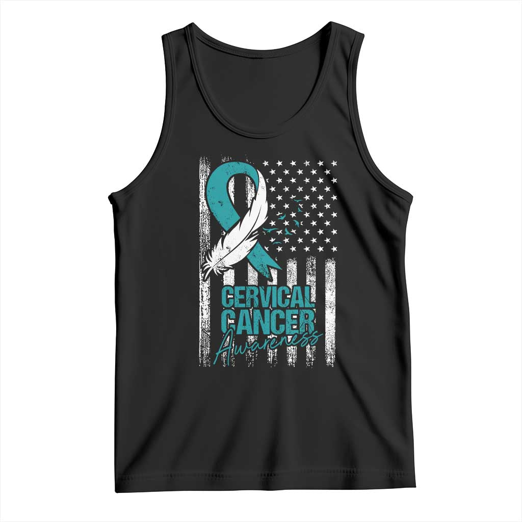 Cervical Cancer Awareness Tank Top Teal And White Ribbon American Flag Support TS02 Black Print Your Wear