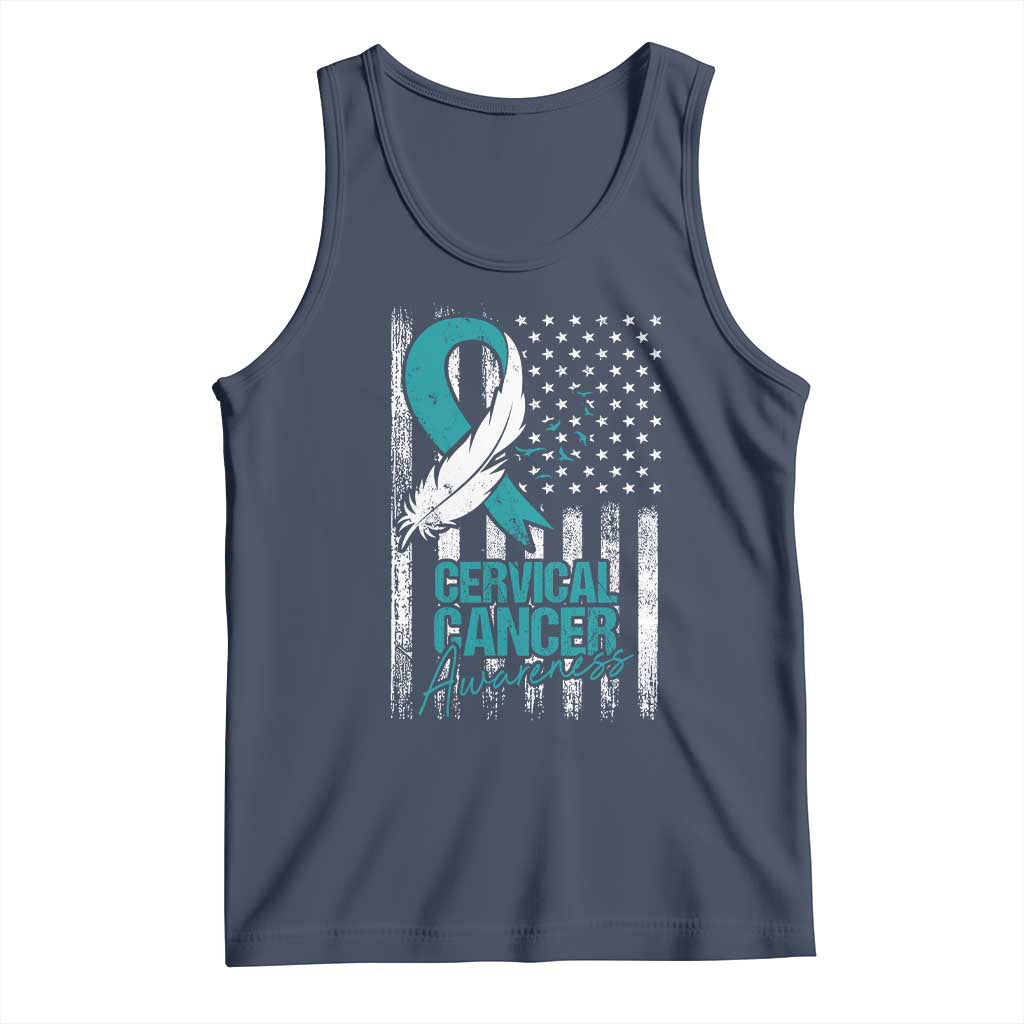 Cervical Cancer Awareness Tank Top Teal And White Ribbon American Flag Support TS02 Navy Print Your Wear