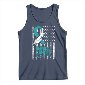Cervical Cancer Awareness Tank Top Teal And White Ribbon American Flag Support TS02 Navy Print Your Wear